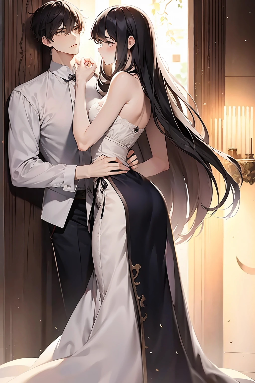 A pair of anime characters standing side by side, 1 tall man (abs) and 1 short woman (beautiful), Anime style, nudes, Lovely couple, Couple pose, Wearing towel around the body, Anime body illustration complete, Lovers, Cute art style, Cute anime style, Beautiful drawing style, cute anime, with blue-black hair, loving couple pose, coming out of a lake, romance novel cover, (perfect and well-proportioned hands, perfect fingers and well drawn, perfect and well proportioned legs, perfect and well proportioned body), ((1 tall and muscular man (195 tall)), ((1 short and beautiful woman (156 tall) (long hair with bangs) ))