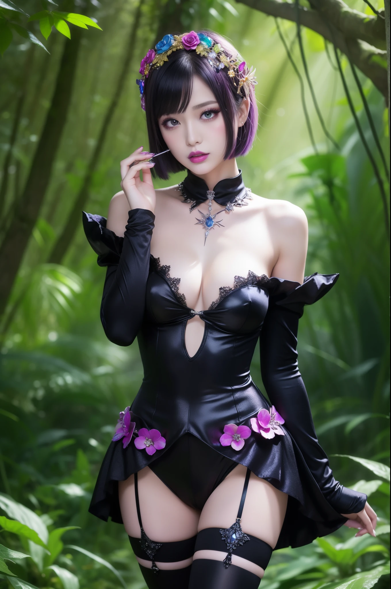 sexy female model who controls poison、lipgloss、dramatic makeup、look at the camera、full body Esbian、、sparkling poisoned enchanted flower costume、、、、shiny sparkling colorful short hair、secrete poison、skull hair accessories schnet tights、shiny sparkling dark magic forest background