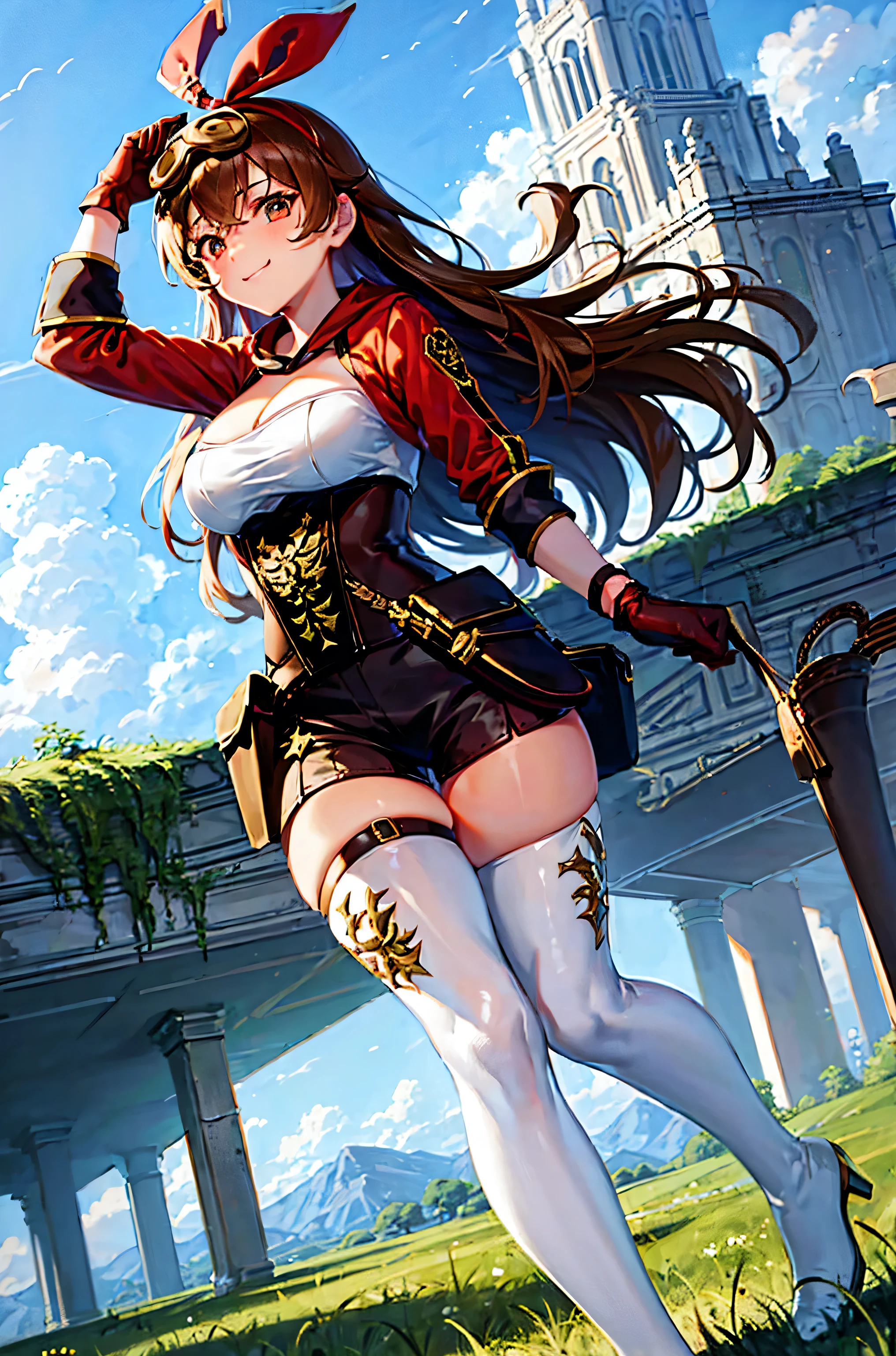 masterpiece, best quality, soft lighting, absurdres, looking at viewer, solo, smile, goggles on head,
amber \(genshin impact\), brown eyes, brown hair, long hair, red hair ribbon, brown short shorts, leather gloves, pouch, thighhighs, white boots, medium breasts, cleavage cutout, shrug \(clothing\)
full body, standing on one leg, overgrown ruins, mountains