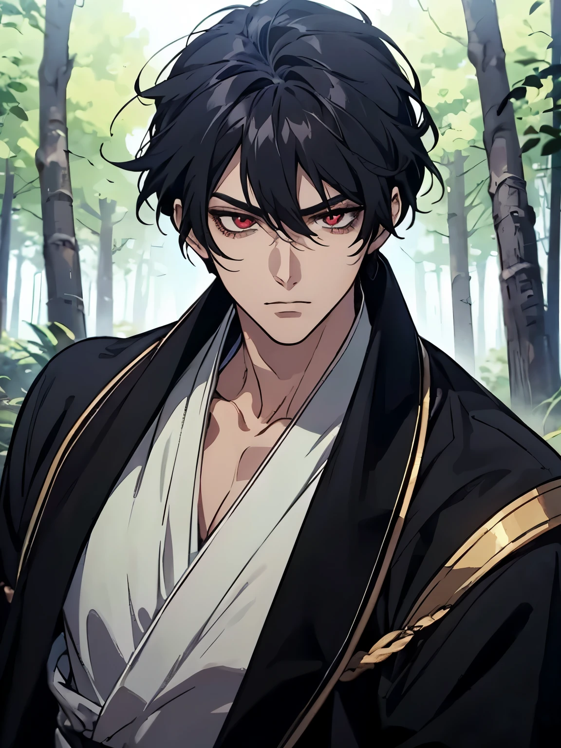 anime - style image of a man in a black coat in a forest, handsome guy in demon slayer art, anime lush john 8k woods, male anime style, handsome japanese demon boy, beautiful androgynous prince, anime handsome man, anime portrait of a handsome man, male anime character, badass anime 8 k, artwork in the style of guweiz, red eyes, mad face, beautiful eye, black hair, tenn boy