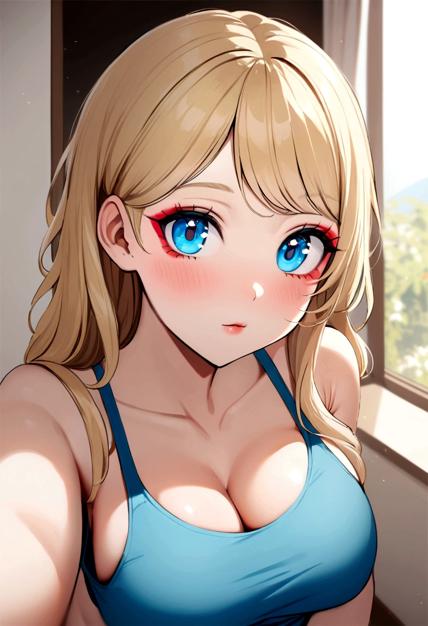 Oman in tank top and matching panties., blue eyed girl, Portrait Sophie Mudd, Portrait of Corinna Kopf, blonde hair and big eyes, selfie of a young woman, unique makeup, Natural makeup, look directly at the camera, cara con artgram, subtle makeup, Stunning full body photo, in the bedroom, big breasts, rubio, Latin, Brest, big blue eyes