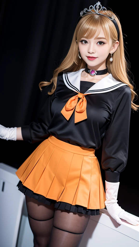 best quality、ultra-detailed、、Japanese、Japanese、Seductive beauty、seductive adult woman、Pretty Woman、cool girl、smirk、Wicked Smile、Villainesasterpiece, best quality, highres, 1girl, 独奏, slender, looking at viewer, standing,
sv1, sailor senshi uniform, Orange skirt, pleated skirt, Miniskirt, orange sailor collar, elbow gloves, white gloves, tiara, hair bow, red bow, choker, orange choker, white leotard, blonde hair, very long hair, jewelry, earrings, (incoming gift, box:1.2), grin, blush,
classroom, blonde hair,Brown hair、wavy hair、swept bangs、dark makeup、piercing eyes、hollow eyes,half-closed eyes、Hollow Eyes、purple Eyeshadow、black lipstick、black lipglos、black elegant dress、wide sleeve、Black flared skirt、skin color pantyhose、stockings、night、inside darkroom、hand hold pantyhose、Are standing、shoot from below、Offer、shoot from below、Swear allegiance、I have pledged my allegiance、