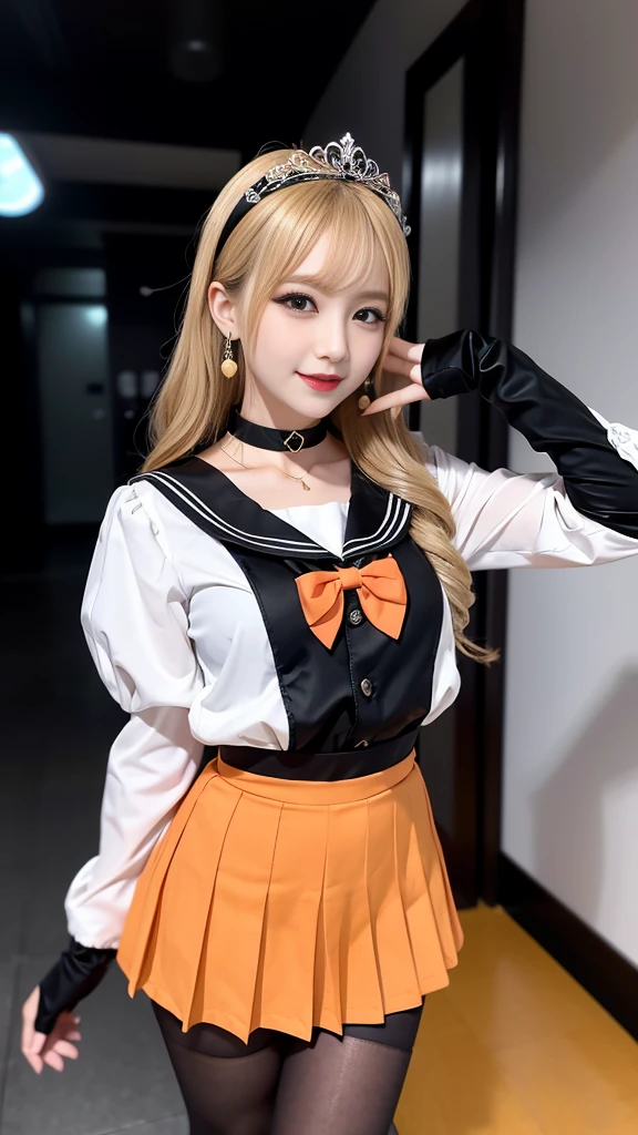 best quality、ultra-detailed、、Japanese、Japanese、Seductive beauty、seductive adult woman、Pretty Woman、cool girl、smirk、Wicked Smile、Villainesasterpiece, best quality, highres, 1girl, 独奏, slender, looking at viewer, standing,
sv1, sailor senshi uniform, Orange skirt, pleated skirt, Miniskirt, orange sailor collar, elbow gloves, white gloves, tiara, hair bow, red bow, choker, orange choker, white leotard, blonde hair, very long hair, jewelry, earrings, (incoming gift, box:1.2), grin, blush,
classroom, blonde hair,Brown hair、wavy hair、swept bangs、dark makeup、piercing eyes、hollow eyes,half-closed eyes、Hollow Eyes、purple Eyeshadow、black lipstick、black lipglos、black elegant dress、wide sleeve、Black flared skirt、skin color pantyhose、stockings、night、inside darkroom、hand hold pantyhose、Are standing、shoot from below、Offer、shoot from below、Swear allegiance、I have pledged my allegiance、