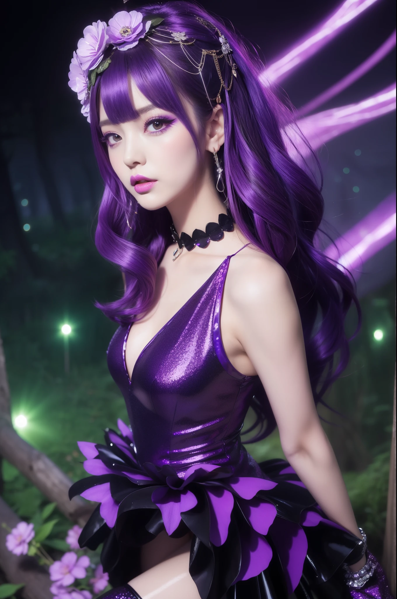 sexy stylish woman who controls poison、lipgloss、intense makeup、look at the camera、full body Esbian、、sparkling poisoned flower costume (purple)、、、、shiny sparkling multicolor hair、secrete poison、skull hair accessories schnet tights (purple)、shiny sparkling dark magic forest background