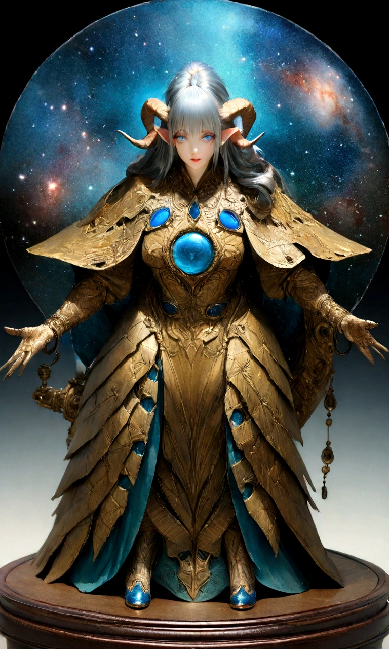 Photo Galaxy, spiral, universe, nebula, performer, Smoke rising,Spectacular images, Intricate details,Hand-drawn sketch figure of a beautiful tiefling with green and white hair, tattoo,(((Blue colored eyes))), Symmetrical dragon horns,Shark teeth,Golden details on clothing, figure, Watercolor sketch,, Octane Rendering, 8K Hyper Real, Realistic texture, Unrealistic Natural Lighting Engine, Cinestill 800, (35mm lens | | | | |)