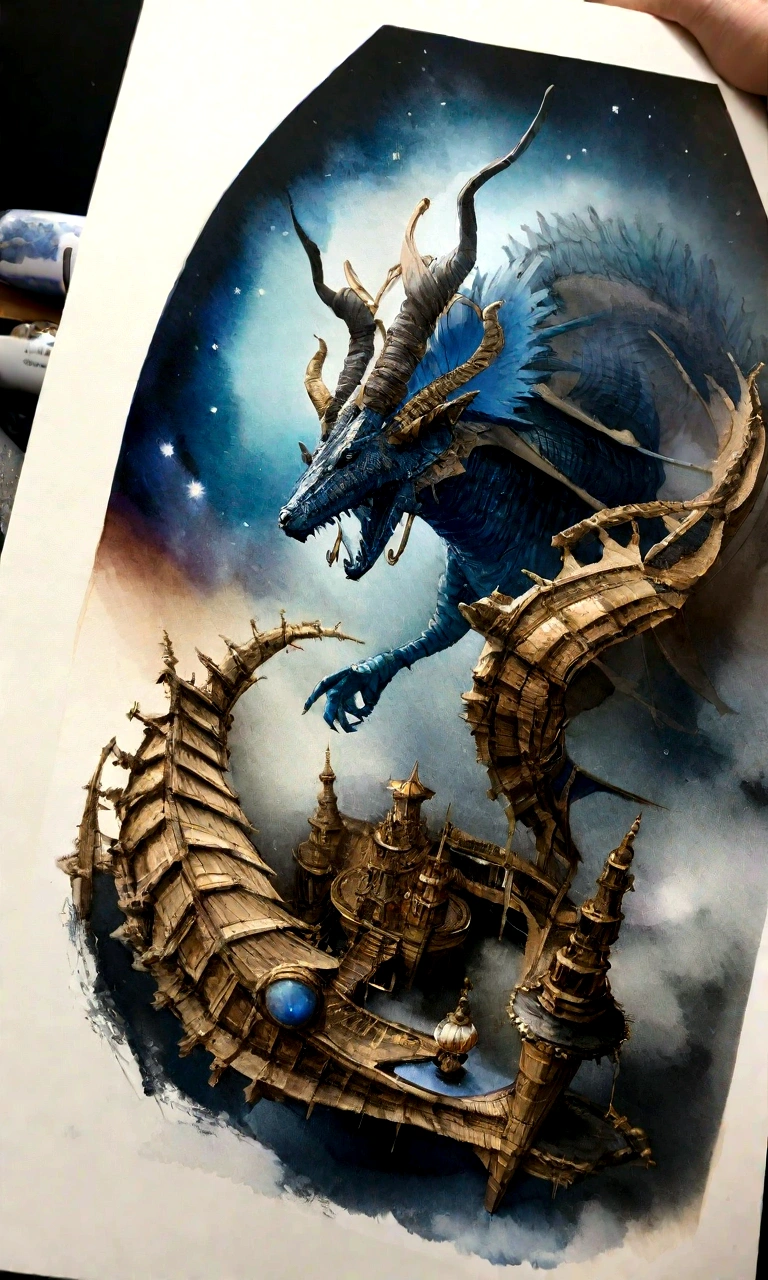 Photo Galaxy, spiral, universe, nebula, performer, Smoke rising,Spectacular images, Intricate details,Hand-drawn sketch figure of a beautiful tiefling with green and white hair, tattoo,(((Blue colored eyes))), Symmetrical dragon horns,Shark teeth,Golden details on clothing, figure, Watercolor sketch,, Octane Rendering, 8K Hyper Real, Realistic texture, Unrealistic Natural Lighting Engine, Cinestill 800, (35mm lens | | | | |)