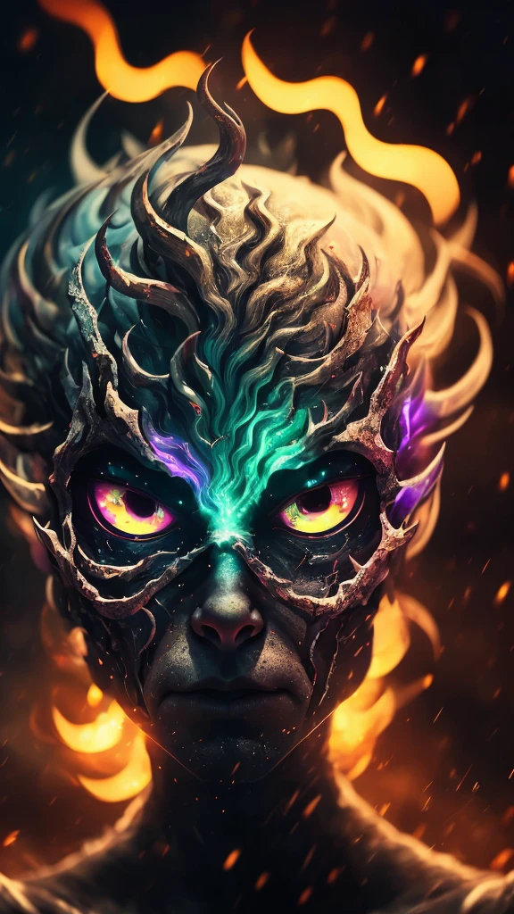 a completely white demonic creature, men monster, large multicolored eyes, bald head, skull covered with small horns, (best quality,4k,8k,highres,masterpiece:1.2),ultra-detailed,(realistic,photorealistic,photo-realistic:1.37),HDR,UHD,studio lighting,ultra-fine painting,sharp focus,physically-based rendering,extreme detail description,professional,vivid colors,bokeh,dynamic point of view,cinematographic scene,highlighted character,backlight effects,mystical character,multicolored cracks on the skin,character seen in full
