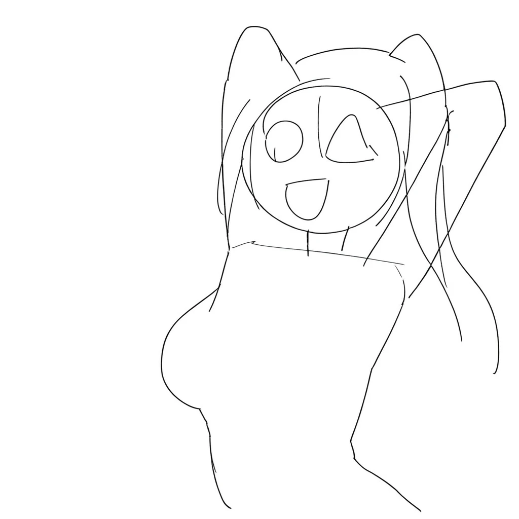 a drawing of a cat with a hood on its head, simple lineart, clean anime outlines, outlined!!!, thick black lineart, thick lineart, thick line art, pose(arms up + happy), anime pose, hands behind her body pose!, holding a pudica pose, pudica pose gesture, anime catgirl, simple line art