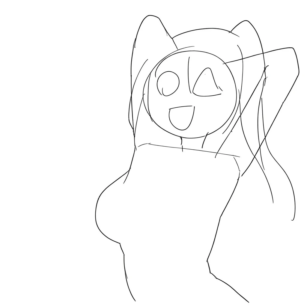 a drawing of a cat with a hood on its head, simple lineart, clean anime outlines, outlined!!!, thick black lineart, thick lineart, thick line art, pose(arms up + happy), anime pose, hands behind her body pose!, holding a pudica pose, pudica pose gesture, anime catgirl, simple line art