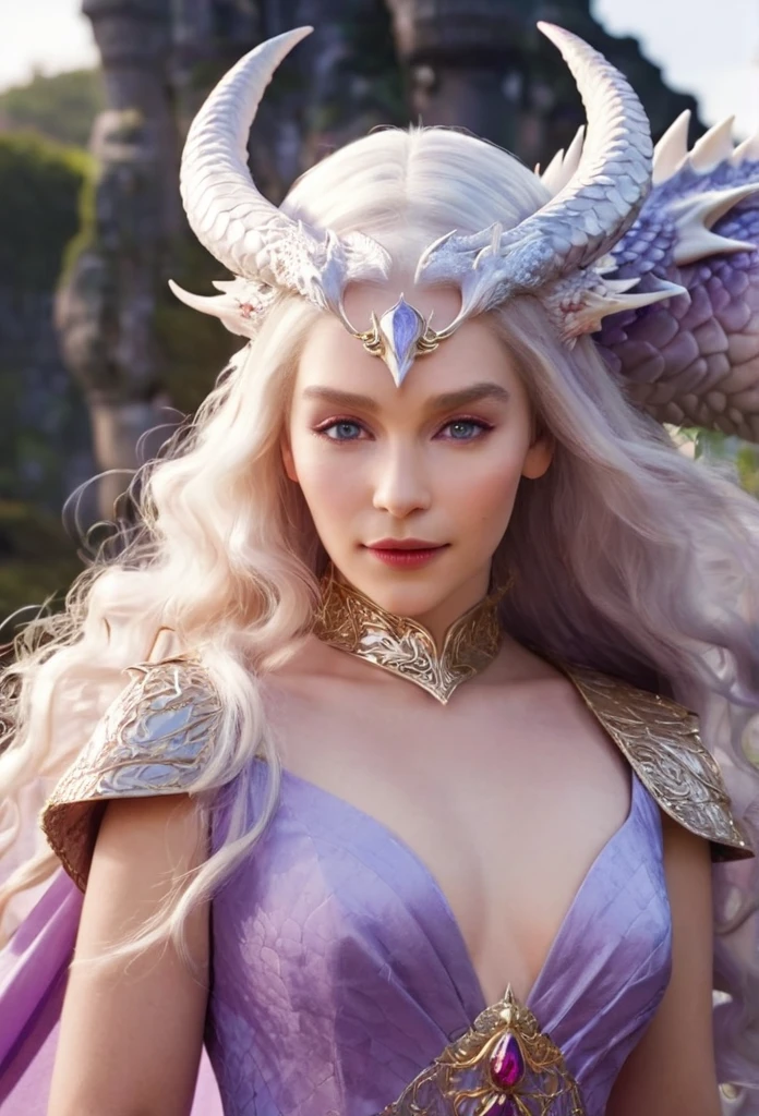 Queen of the White Dragon, mulher madura jovem, "Galadriel, EMÍLIACLARKE", elegant lilac Ruby dress, mama grande, Curvy, dragon ling vawy hair, Cabelos Super Longos, soft facial features, White dragon horns on his head, mulher majestosa, silver decoration on her lilac Ruby dress, Rainha Estrela Prateada, Grandes olhos violet, cherry lips, White dragons, starly sky