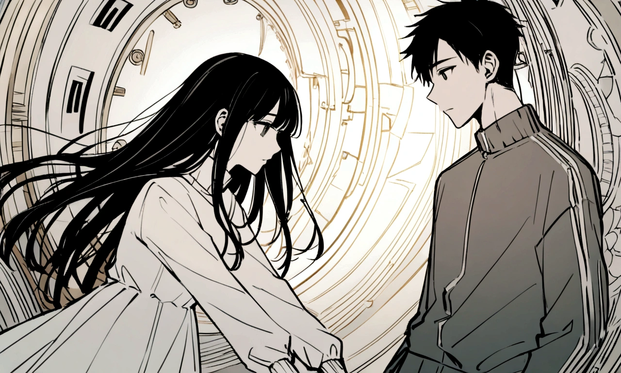 black and white drawing, giant clockwork background, 26-year-old male on the left 1, black neat hair, a lonely face, wearing gray tracksuit, Beautiful woman on the right 1, long straight hair, wearing a white dress, reaching out to each other