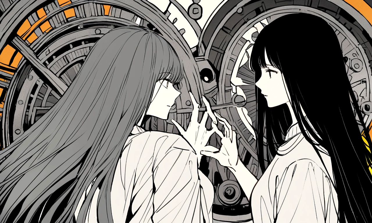 black and white drawing, giant clockwork background, 26-year-old male on the left 1, black neat hair, a lonely face, wearing gray tracksuit, Beautiful woman on the right 1, long straight hair, wearing a white dress, reaching out to each other