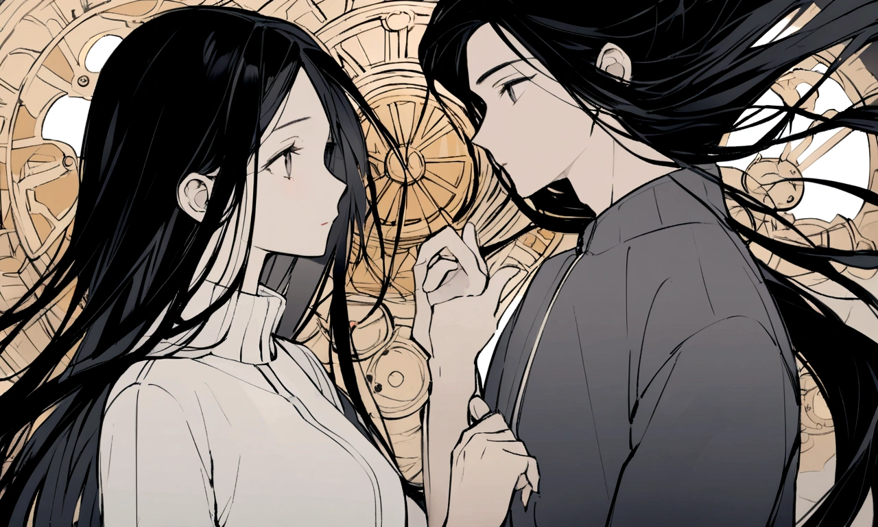 black and white drawing, giant clockwork background, 26-year-old male on the left 1, black neat hair, a lonely face, wearing gray tracksuit, Beautiful woman on the right 1, long straight hair, wearing a white dress, reaching out to each other