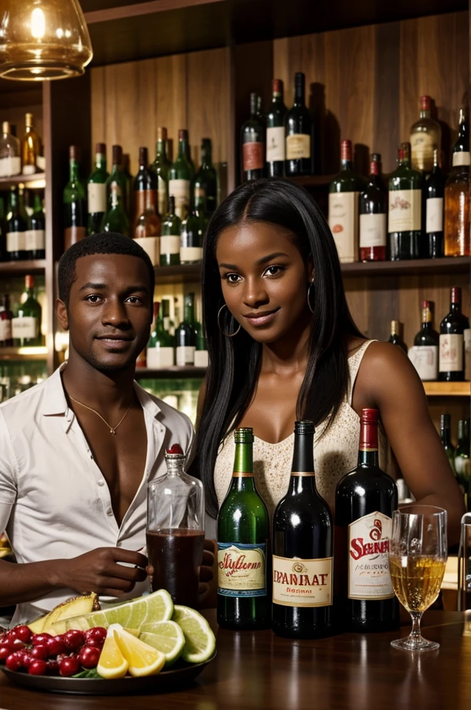I would like you to create an image, that looks like a photograph, where there are two dark-skinned people, and one with white skin, that do not have a defined face or any special characteristics, but they are surrounded by bottles of expensive alcohol and gourmet food