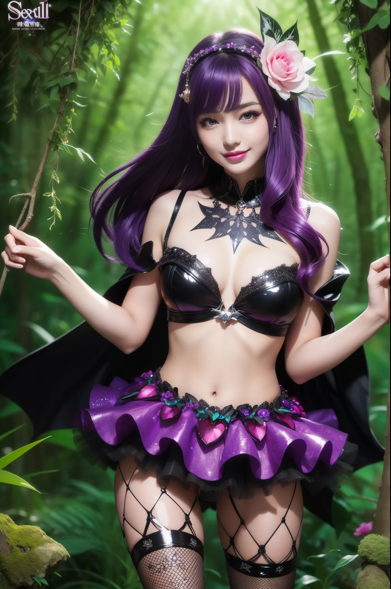 sexy female model who controls poison、beautiful smile、lipgloss、intense makeup、look at the camera、full body Esbian、、sparkling poisoned flower costume、、、、shiny sparkling multicolor hair、secrete poison、skull hair accessories、fishnet tights、shiny sparkling dark magic forest background