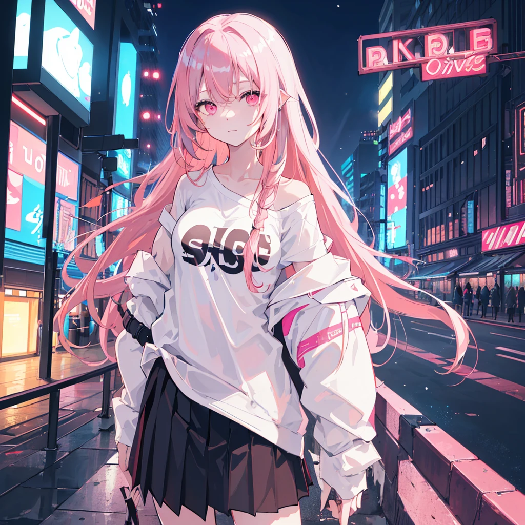 1girl, solo, , , (very_long_hair), (pink_hair:1.2), braids, (red_eyes), medium_breasts, (white_shirt:1.5), (windbreaker), (off_shoulder:1.2), (portrait), glowing_eyes, background_light, (cityscape:1.5), (pleated skirt, )(neon_lights:1.2), (science), cyberpunk, ((masterpiece)), (highres), (best_quality), (highly_detailed), (original),(Delicate background),(extremely detailed 8K wallpaper),cinematic lighting, volume lighting, light particles, shaded_face, beautiful_detailed_eyes, depth_of_field, perspective,