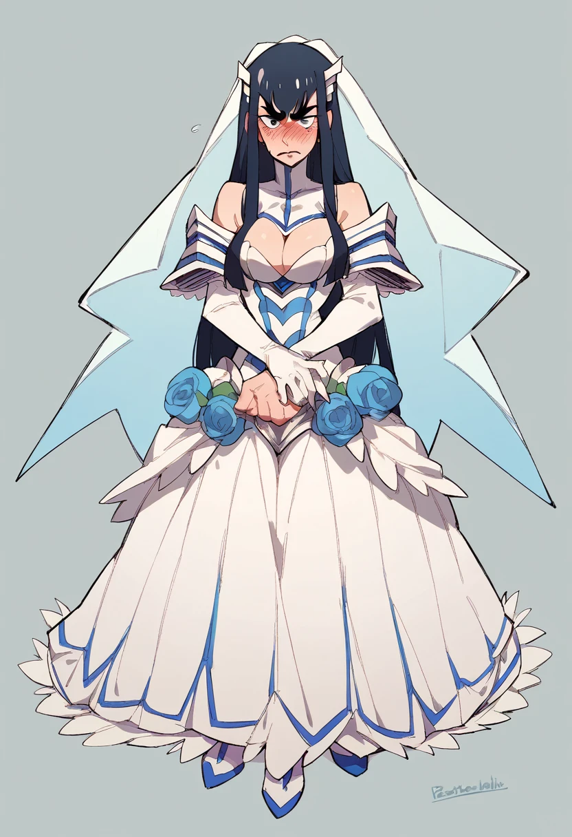 Satsuki Kiryuin from Kill La Kill dressed as a bride looking at the viewer head on in first person blushing with a serious and embarrassed full body