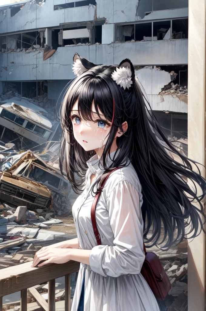  crying, black hair with white highlights and black tiger ears, She is in a building that was destroyed.