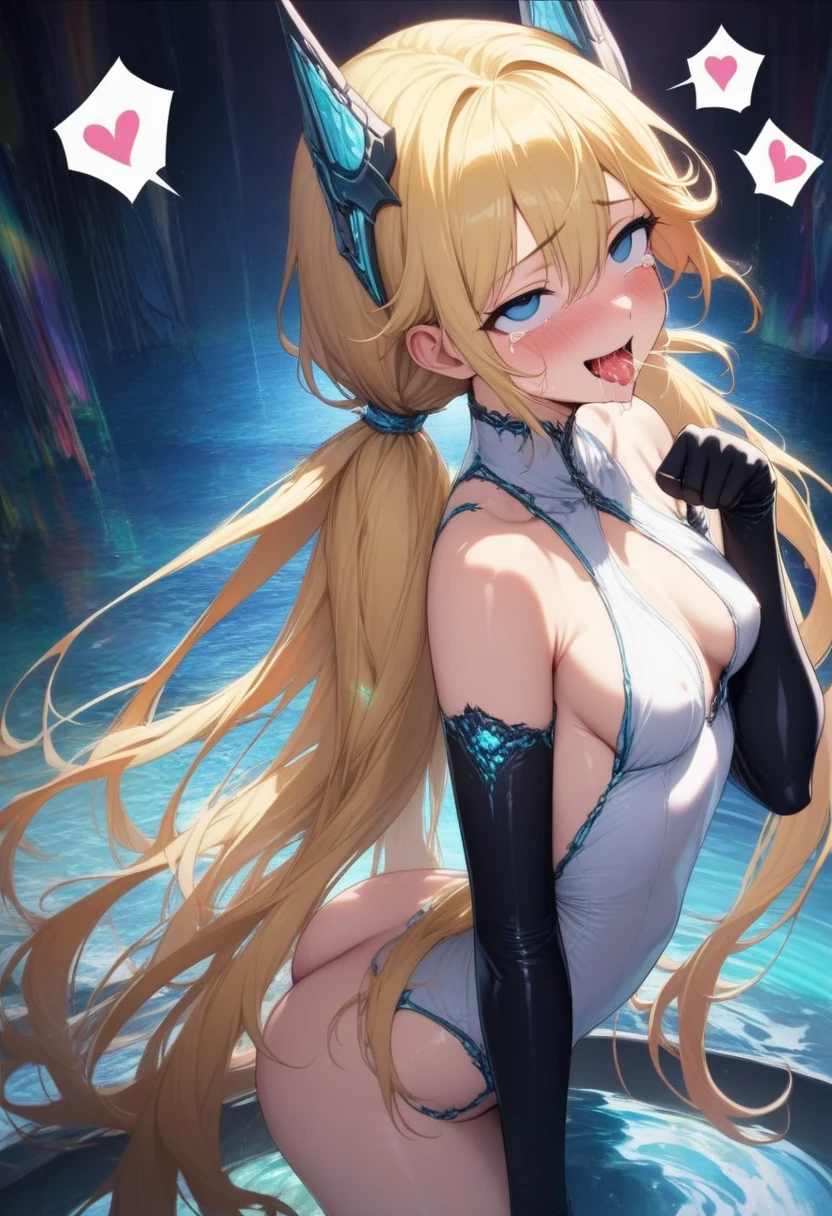 (masterpiece),(Highest quality),(Super detailed),(Best illustrations),(Best Shadow),(Absurd),(Detailed Background),(so beautiful), 16K, 8K, 4K,(Best Shadow), (so beautiful)angelabalzac, One person, alone, curby, , very long hair, , Blonde, blue eyes, , elbow gloves, , Star-shaped hair fastening, BlueGreen Headgear, low twintails, empty eyes, blank eyes, , , paw pose, Arched back, , , orgasm, afterglow, erotic smile, , tears, , , , , , Sexy posture, , , cross-eyed, rolling eyes, , , , , , , Open your mouth carelessly, , , saliva trail, , shiny skin, , , , , torogao, ahegao, BREAK, , Dramatic lighting, Psychedelic Background, Clear liquid, Oculogyric crisis, night, , , Torrent of Light, mysterious, spoken hearts,