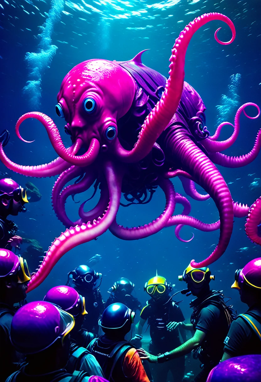 abyssal creatures dancing under the sea, PSYCHEDELIC, love craft, ruins,dj wearing diving suit, undersea, scary fish, rave party, Giant Octopus, crowd ,pirates, giant speaker, cerulean,Violette,Pink,Unripe, orange