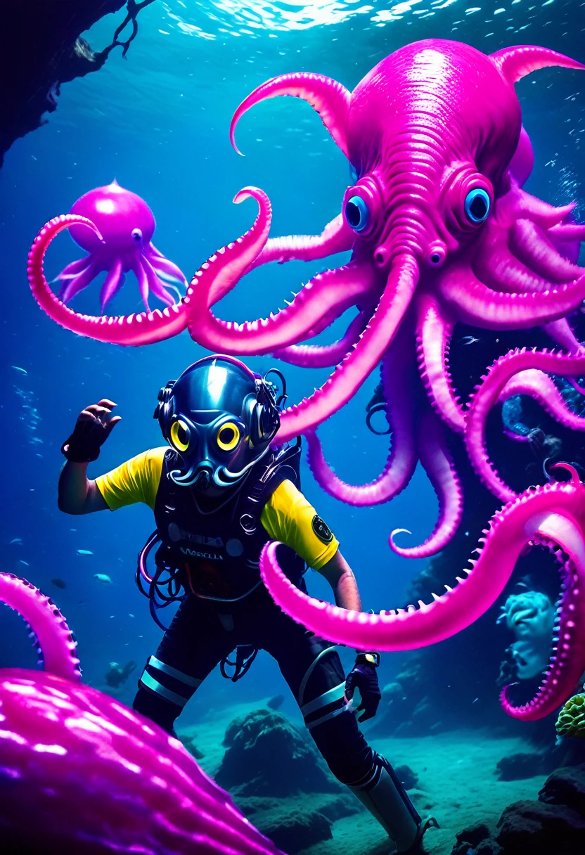 abyssal creatures dancing under the sea, PSYCHEDELIC, love craft, ruins,dj wearing diving suit, undersea, scary fish, rave party, Giant Octopus, crowd ,pirates, giant speaker, cerulean,Violette,Pink,Unripe, orange