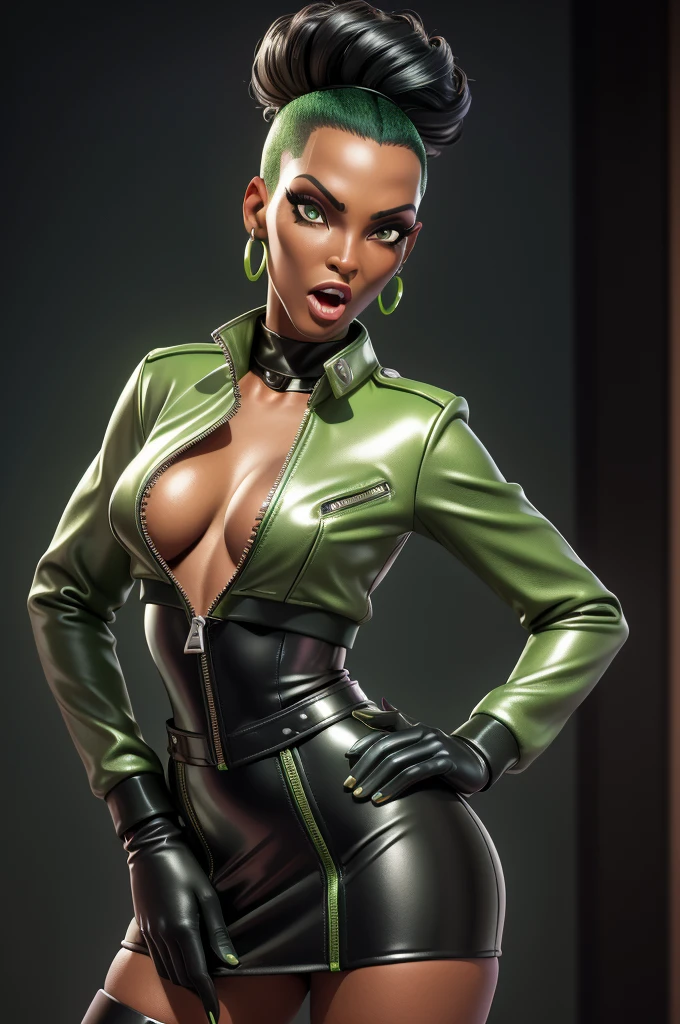 obra prima, melhor qualidade, ((only one woman,)) ((grace jones, black skin,)) head back, ((sexy sultry wicked look, open mouth, pucker mouth,)) thick smoky black eye shadow, long fake eyelashes, ((wearing metallic forest green leather biker blazer,)) ((jacket is unzipped and wide open, small breasts, nip slip,)) jacket has padded puff shoulders, shiny leather gloves, ((metallic lime green micro mini leather skirt,)) body is skinny, shiny tight buttocks, sexy glamour pose, arched back, (camera view of whole body,) looking up at me, shallow depth of field, highres, HD, 8k, anatomically correct