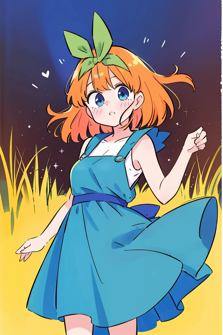 Yotsuba nakano, green ribbon, dancing in the moonlight, dynamic pose, moonlight background, full body, dancing girl, pretty flowing dress, wind, sweet dreamy face, (Old anime, vintage anime, 90's anime style, naoko takeuchi style, masterpiece、top-quality, Official art、Beautifully Aesthetic:1.2)、(a beauty girl:1.3)、vivid colours、colourful, magical photography, dramatic lighting, intricate details, (1 girl, solo, alone), , sfw, nakano_yotsuba, blue eyes, indigo eyes, aayotsuba, sparkling blue eyes, sfw, pretty teenage girl with shoulder length orange hair, hair ribbon, green ribbon, heart shaped lips and blue eyes making a cute face, blushing, aayotsuba, Nakano yotsuba from The Quintessential Quintuplets, yotsuba Nakano, masterpiece, 4k, ultradetailed, cowboy shot, shoulder lenght orange hair,, blushing,, blue eyes, innocent, pure, kawaii, tender, lovely, cheery, cute
