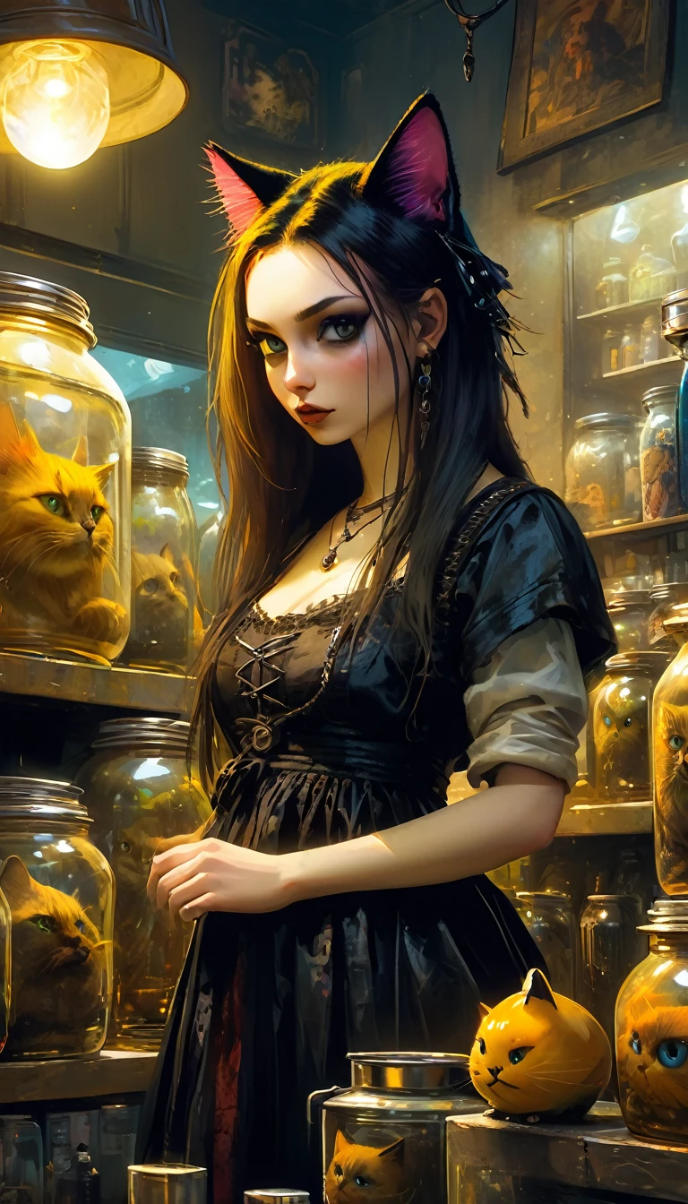 a sexy girl with a punk-gothic appearance and long hair whith a cat attends the shop at the counter, fantastic shop, disturbing, strange, unnatural, (Rembrandt Lighting: 1.3) light particles, shop with large jars, jars with eyes, jars with heads, close-up of upper body, fantastic angles (art inspired by Bill Sienkiewicz, oil painting) (best quality,4k,8k,highres,masterpiece:1.2),ultra-detailed,(realistic,photorealistic,photo-realistic:1.37),intricate details,vivid colors,sharp focus,professional,Dave McKean artwork, oil touch of surrealism,oil painting style
