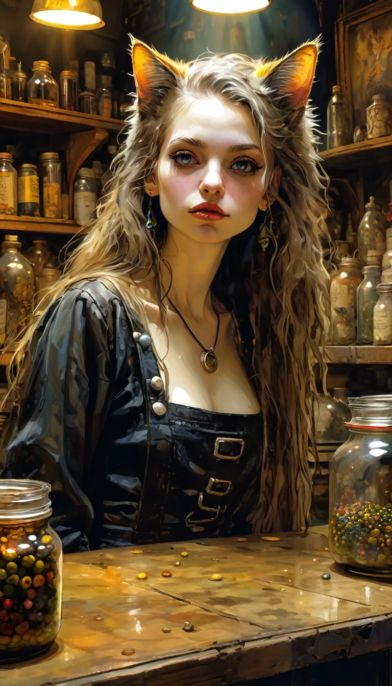 a sexy girl with a punk-gothic appearance and long hair whith a cat attends the shop at the counter, fantastic shop, disturbing, strange, unnatural, (Rembrandt Lighting: 1.3) light particles, shop with large jars, jars with eyes, jars with heads, close-up of upper body, fantastic angles (art inspired by Bill Sienkiewicz, oil painting) (best quality,4k,8k,highres,masterpiece:1.2),ultra-detailed,(realistic,photorealistic,photo-realistic:1.37),intricate details,vivid colors,sharp focus,professional,Dave McKean artwork, oil touch of surrealism,oil painting style