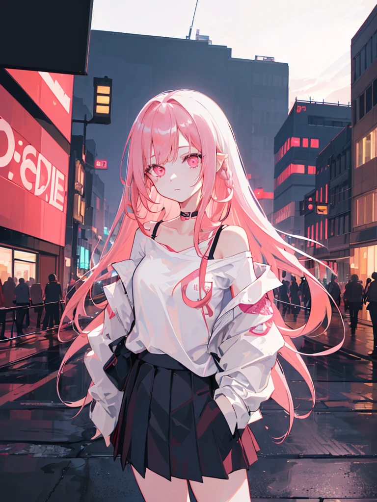 1girl, solo, , , (very_long_hair), (pink_hair:1.2), braids, (red_eyes), medium_breasts, (white_shirt:1.5), (windbreaker), (off_shoulder:1.2), (portrait), glowing_eyes, background_light, (cityscape:1.5), (pleated skirt, )(neon_lights:1.2), (science), cyberpunk, ((masterpiece)), (highres), (best_quality), (highly_detailed), (original),(Delicate background),(extremely detailed 8K wallpaper),cinematic lighting, volume lighting, light particles, shaded_face, beautiful_detailed_eyes, depth_of_field, perspective,