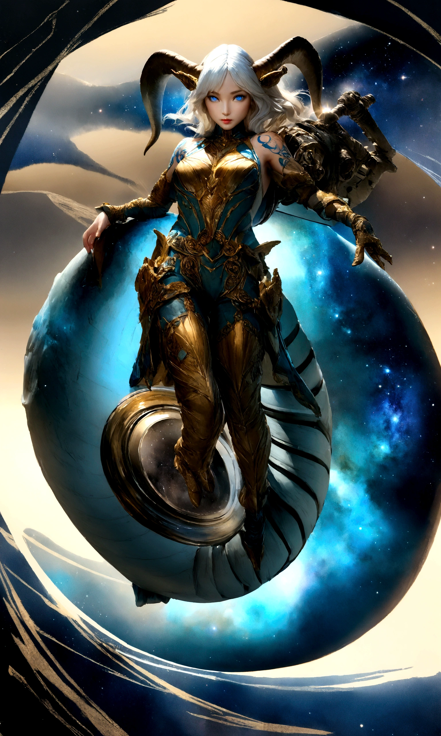 Photo Galaxy, spiral, universe, nebula, performer, Smoke rising,Spectacular images, Intricate details,Hand-drawn sketch figure of a beautiful tiefling with green and white hair, tattoo,(((Blue colored eyes))), Symmetrical dragon horns,Shark teeth,Golden details on clothing, figure, Watercolor sketch,, Octane Rendering, 8K Hyper Real, Realistic texture, Unrealistic Natural Lighting Engine, Cinestill 800, (35mm lens | | | | |)