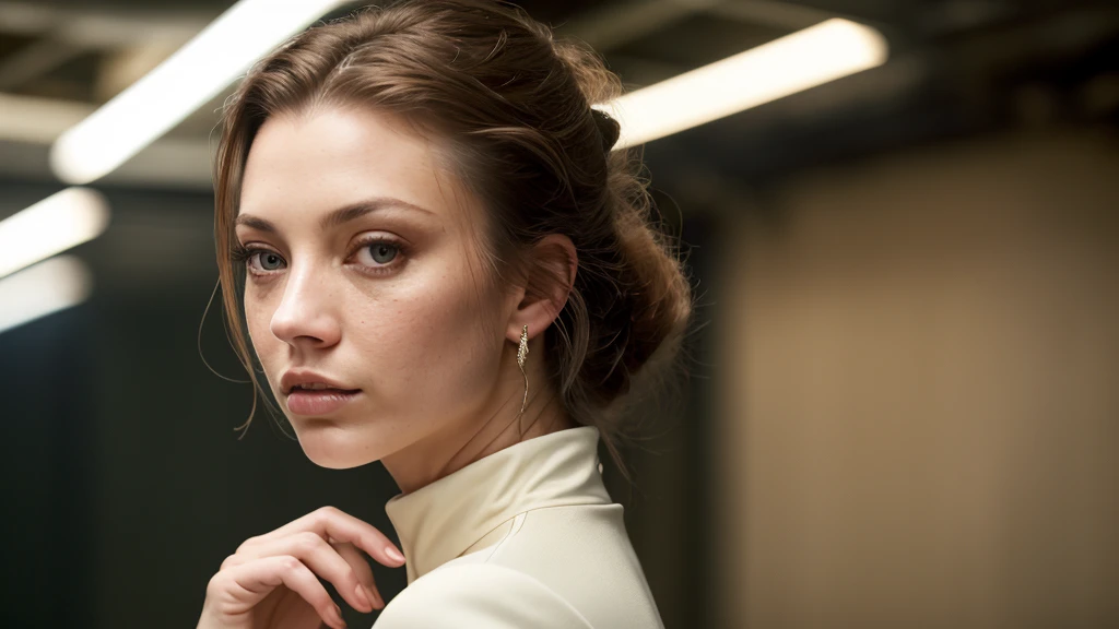 A stunning and intricate color close-up portrait of (Woman:1) , wearing high-neck jumpsuit and high-waisted pants, Epic character composition, sharp focus, natural lighting, underground dispersal, f2, 35mm, Film grain, , by Annie Leibovitz, 