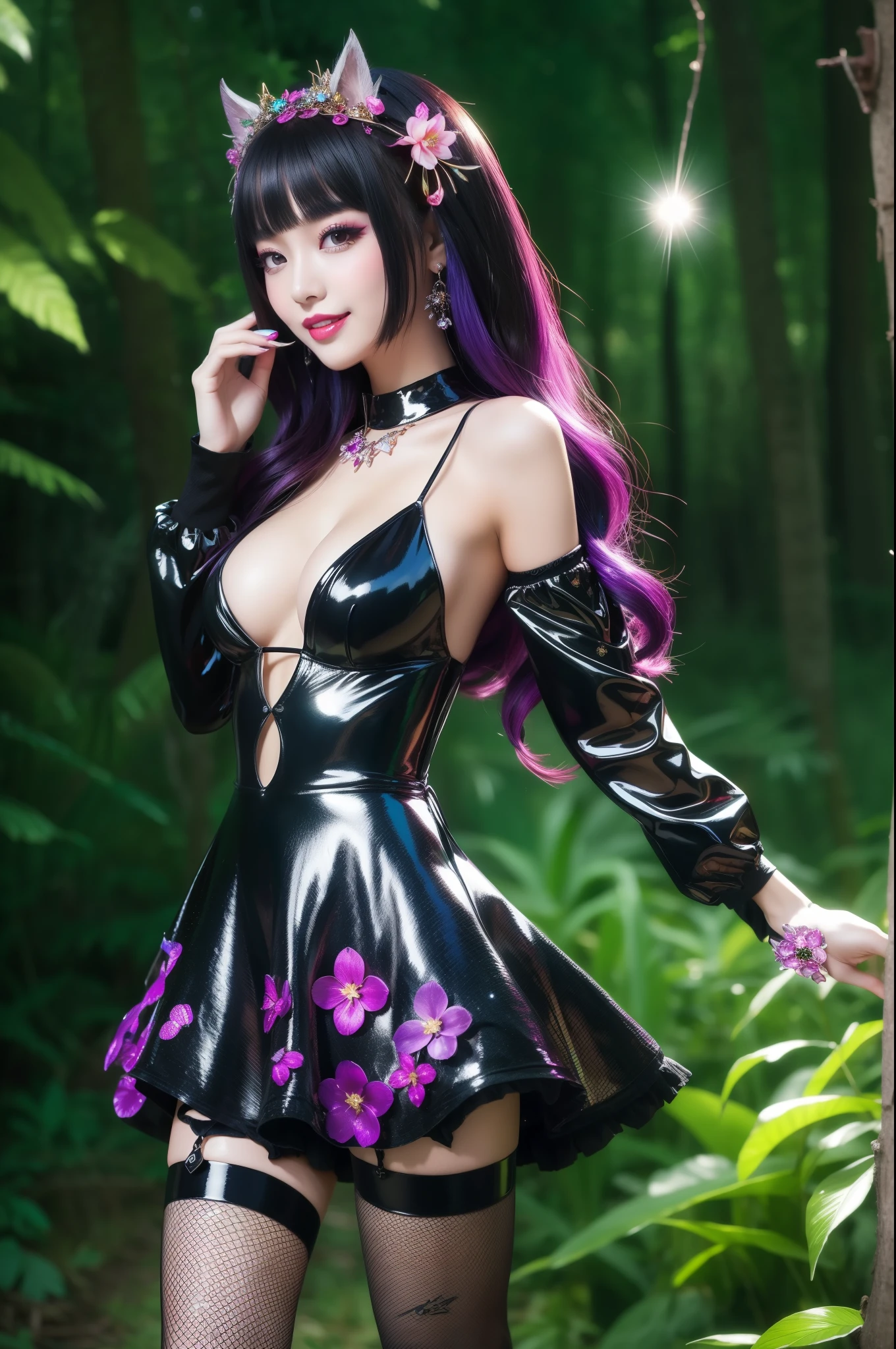 sexy stylish woman who controls poison、beautiful smile、lipgloss、intense makeup、look at the camera、full body Esbian、、sparkling poisoned flower costume、、、、shiny sparkling multicolor hair、secrete poison、skull hair accessories、fishnet tights、shiny sparkling dark magic forest background