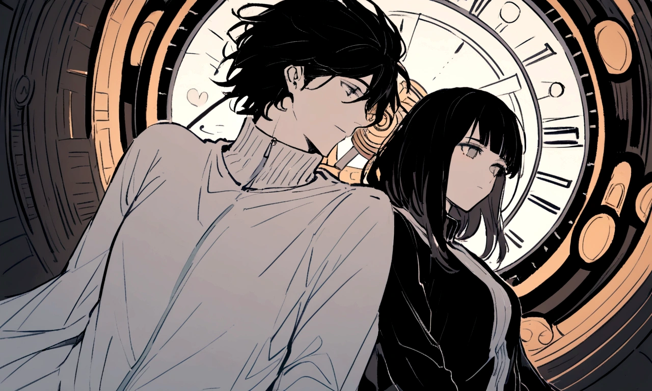 black and white drawing, giant clockwork background, 26-year-old male on the left 1, black neat hair, a lonely face, wearing gray tracksuit, Beautiful woman on the right 1, wearing a white dress, reaching out to each other
