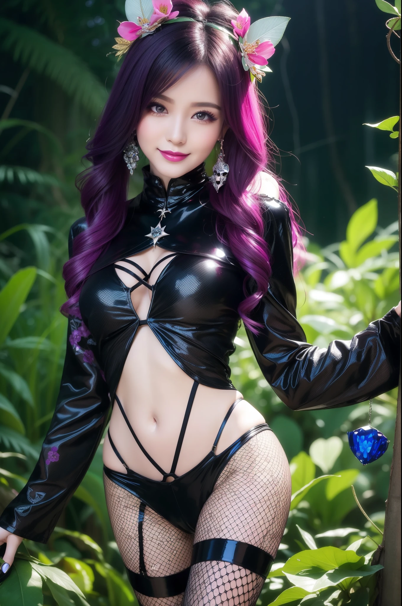 sexy stylish woman who controls poison、beautiful smile、lipgloss、intense makeup、look at the camera、full body Esbian、、sparkling poisoned flower costume、、、、shiny sparkling multicolor hair、secrete poison、skull hair accessories、fishnet tights、shiny sparkling dark magic forest background