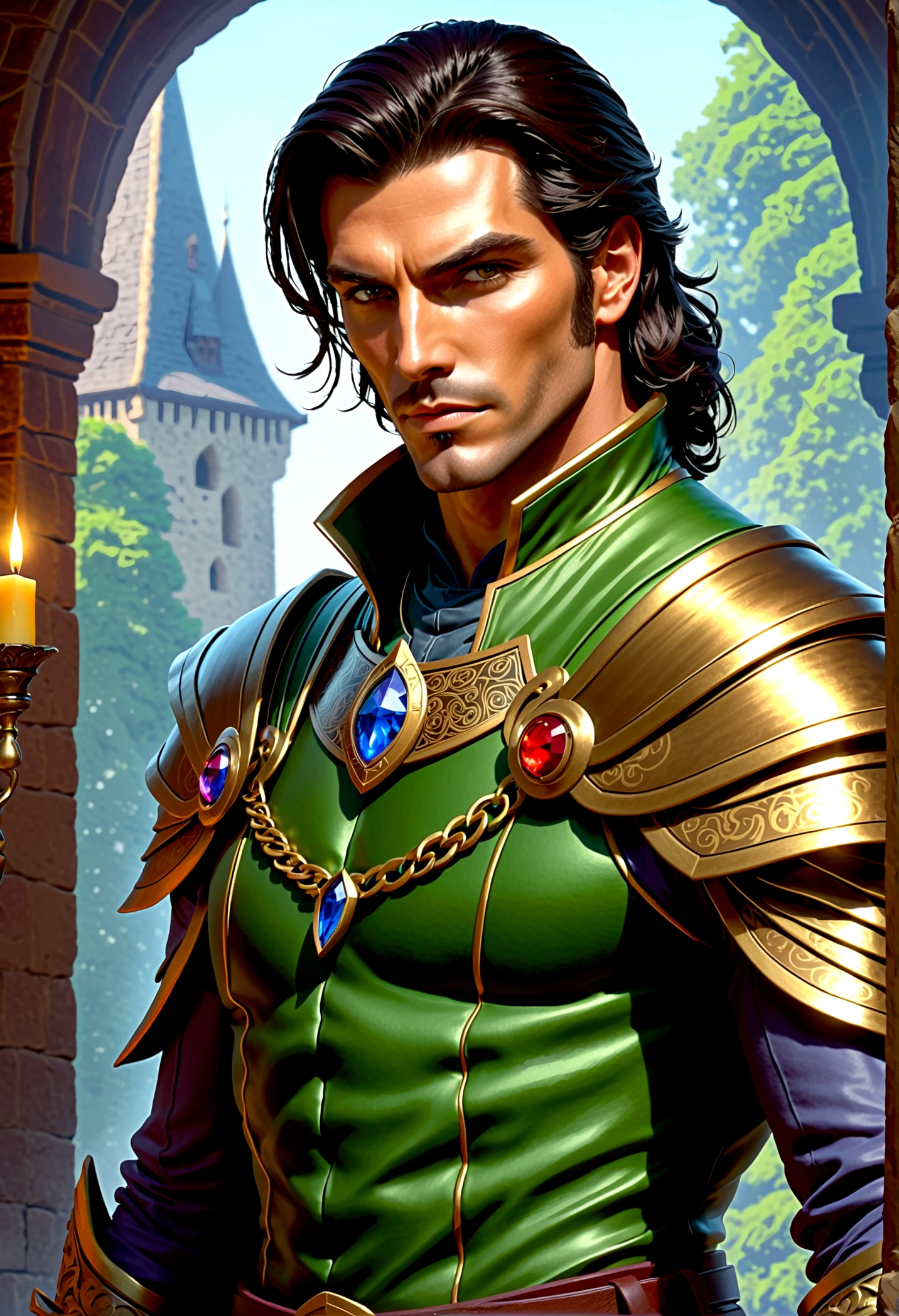 dungeons and dragons npc, dnd character, a man in his 50s who is tall and fit. He has dark, slicked-back hair and a sharp-featured face that exudes charisma. His eyes shine with intelligence and brightness. he is dressed in flashy, expensive clothing, but underneath, he conceals leather armor and poisonous daggers, hinting at his dark side. As a character, he is a charismatic, manipulative, and ruthless leader, with a cool-headed and calculating demeanor. Despite his composed exterior, his deepest motivations are driven by revenge and a quest for justice, ((dnd rogue)), (paladin of rogue goddess)