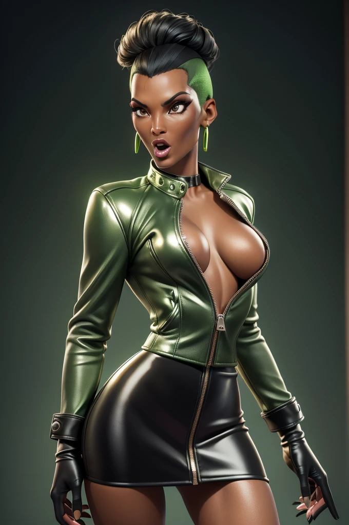 obra prima, melhor qualidade, ((only one woman,)) ((grace jones, black skin,)) head back, ((sexy sultry wicked look, open mouth, pucker mouth,)) thick smoky black eye shadow, long fake eyelashes, ((wearing metallic forest green leather biker blazer,)) ((jacket is unzipped and wide open, small breasts, nip slip,)) jacket has padded puff shoulders, shiny leather gloves, ((metallic lime green micro mini leather skirt,)) body is skinny, shiny tight buttocks, sexy glamour pose, arched back, (camera view of whole body,) looking up at me, shallow depth of field, highres, HD, 8k, anatomically correct