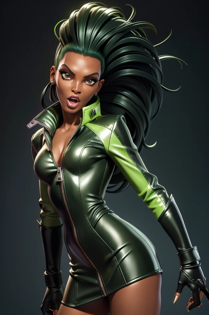 obra prima, melhor qualidade, ((only one woman,)) ((grace jones, black skin,)) head back, ((sexy sultry wicked look, open mouth, pucker mouth,)) thick smoky black eye shadow, long fake eyelashes, ((wearing metallic forest green leather biker blazer,)) ((jacket is unzipped and wide open, small breasts, nip slip,)) jacket has padded puff shoulders, shiny leather gloves, ((metallic lime green micro mini leather skirt,)) body is skinny, shiny tight buttocks, sexy glamour pose, arched back, (camera view of whole body,) looking up at me, shallow depth of field, highres, HD, 8k, anatomically correct