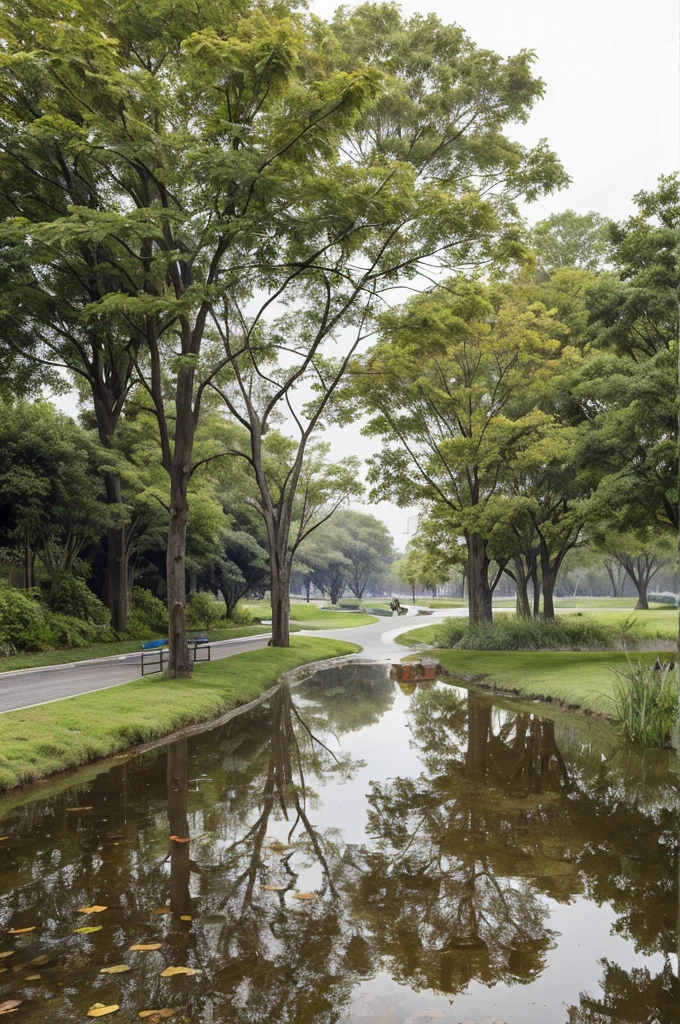 road,Rainy season, ripples, light rain, reflection, Leaf image taken with a macro lens