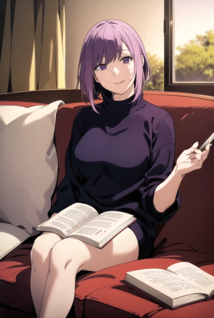 ayane sakura, night, warm light, reading a book, relaxing on couch, wool sweater dress,