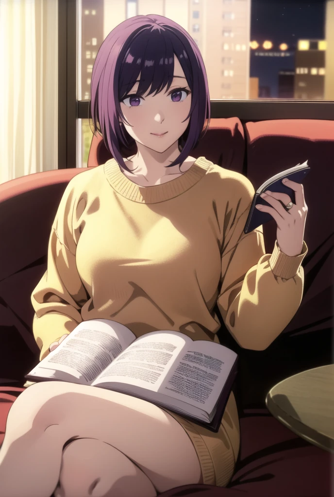 ayane sakura, night, warm light, reading a book, relaxing on couch, wool sweater dress,