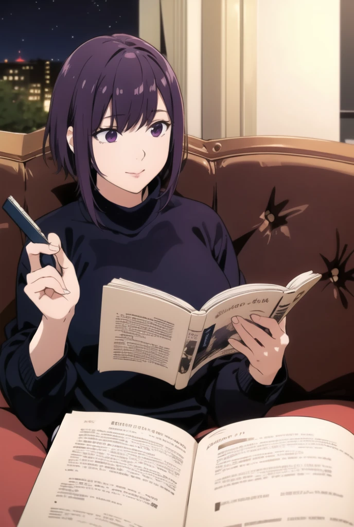 ayane sakura, night, warm light, reading a book, relaxing on couch, wool sweater dress,