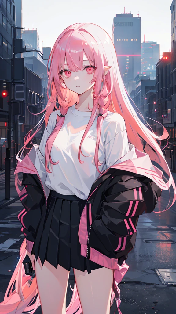 1girl, solo, , , (very_long_hair), (pink_hair:1.2), braids, (red_eyes), medium_breasts, (white_shirt:1.5), (windbreaker), (off_shoulder:1.2), (portrait), glowing_eyes, background_light, (cityscape:1.5), (pleated skirt, )(neon_lights:1.2), (science), cyberpunk, ((masterpiece)), (highres), (best_quality), (highly_detailed), (original),(Delicate background),(extremely detailed 8K wallpaper),cinematic lighting, volume lighting, light particles, shaded_face, beautiful_detailed_eyes, depth_of_field, perspective,