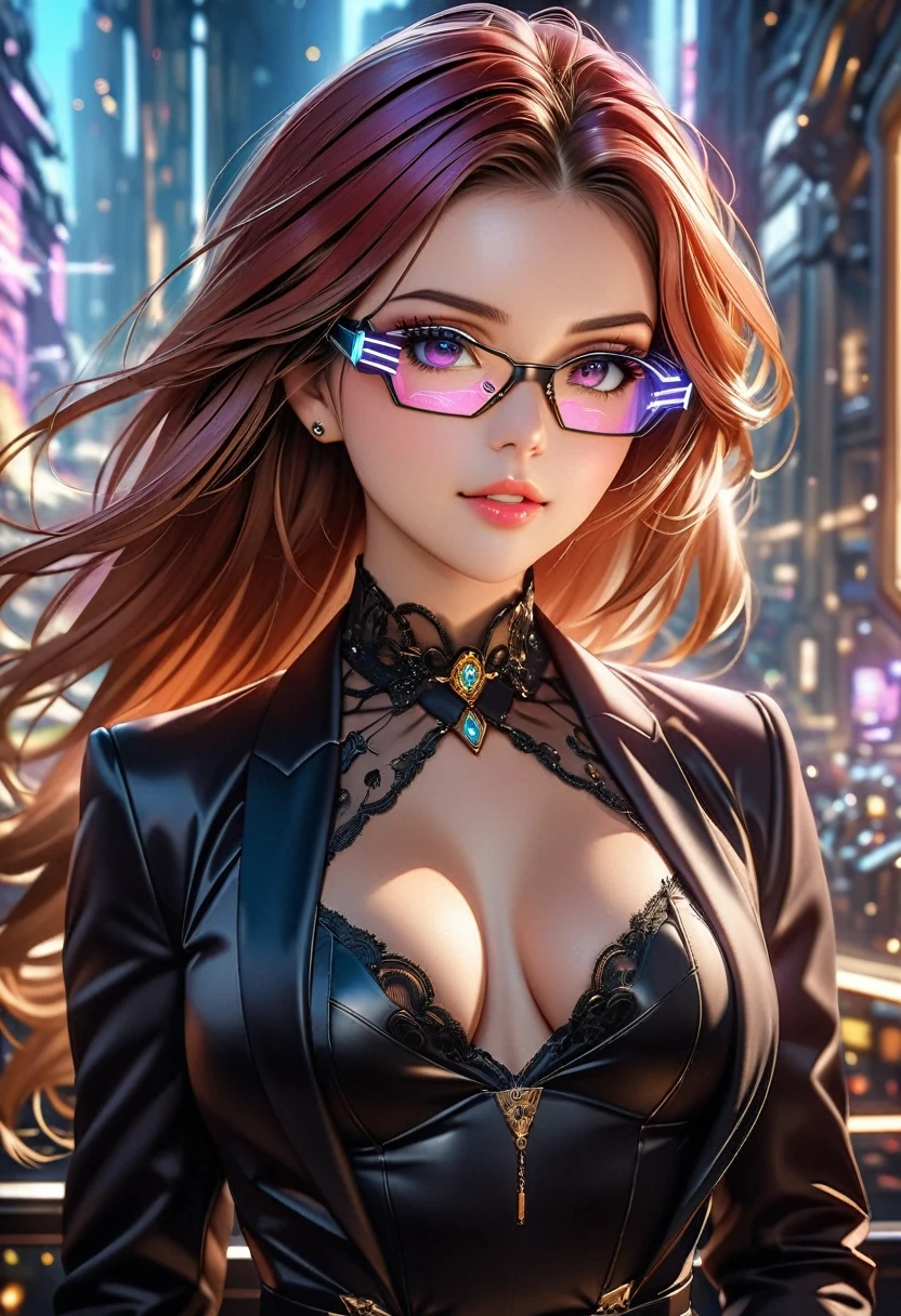 Arafed a picture of a human female spy, wearing dark suit, wearing ((mecha glasses: 1.5))exquisite beautiful female, dynamic eye color, dynamic hair color, dynamic hair style, glasses has intricate mechanical part in it, high society gala event background, (Masterpiece: 1.5),  Vibrant, Ultra-high resolution, High Contrast, masterpiece:1.2, highest quality, Best aesthetics), best details, best quality, highres, ultra wide angle, 16k, [ultra detailed], masterpiece, best quality, (extremely detailed), Mechanical Creatures