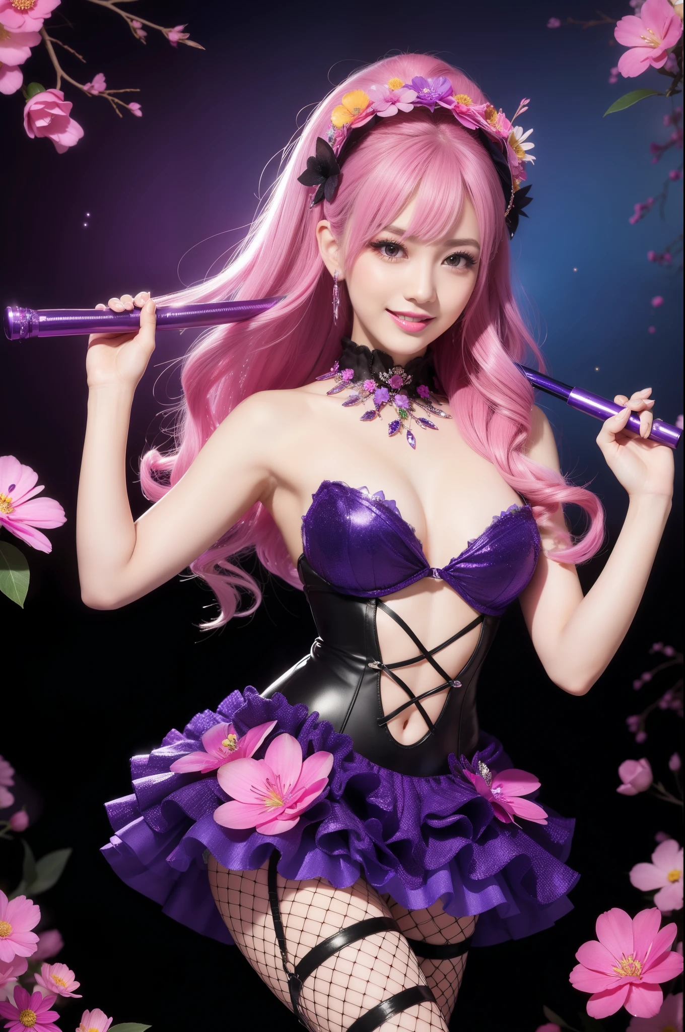 beautiful sexy female who controls poison、beautiful smile、lipgloss、professional makeup、full body Esbian、、sparkling poisoned flower costume、、、、sparkling Colorful hair、secrete poison、skull hair accessories、fishnet tights、flowers background