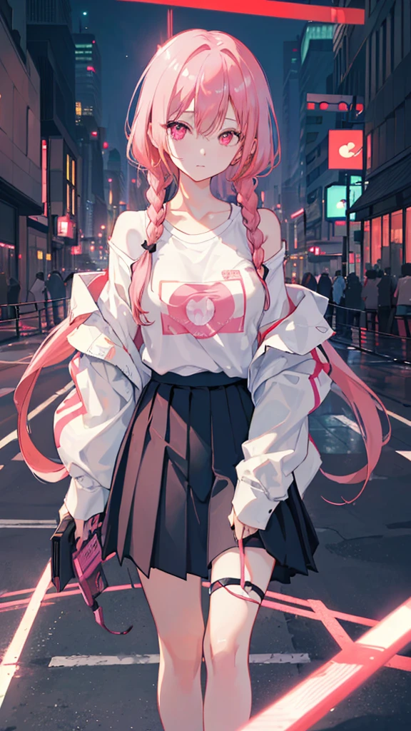 1girl, solo, , , (very_long_hair), (pink_hair:1.2), braids, (red_eyes), medium_breasts, (white_shirt:1.5), (windbreaker), (off_shoulder:1.2), (portrait), glowing_eyes, background_light, (cityscape:1.5), (pleated skirt, )(neon_lights:1.2), (science), cyberpunk, ((masterpiece)), (highres), (best_quality), (highly_detailed), (original),(Delicate background),(extremely detailed 8K wallpaper),cinematic lighting, volume lighting, light particles, shaded_face, beautiful_detailed_eyes, depth_of_field, perspective,