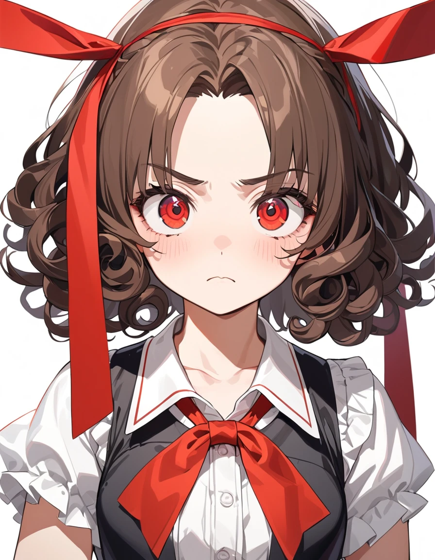 1girl, {masterpiece,best quality,ultra-detailed,beautiful detailed eyes}, {dark brown hair, short hair, flipped hair, curly hair,katyume with large ribbon, parted bangs}, {Gradient eyes from black to red, round eyes, cute eyes}, cute girl, , simple background,white background,frown,angry, kubrick stare, shirred blouse, kawaii