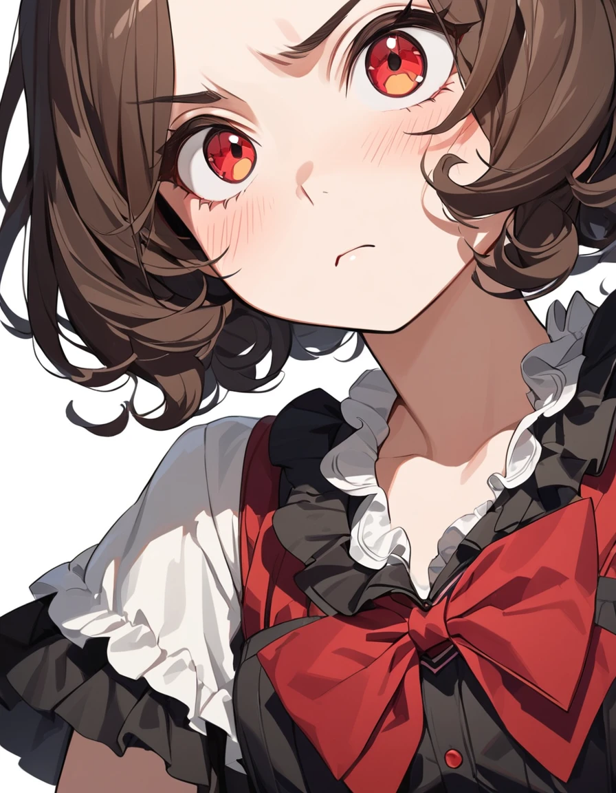 1girl, {masterpiece,best quality,ultra-detailed,beautiful detailed eyes}, {dark brown hair, short hair, flipped hair, curly hair,katyume with large ribbon, parted bangs}, {Gradient eyes from black to red, round eyes, cute eyes}, cute girl, , simple background,white background,frown,angry, kubrick stare, shirred blouse, kawaii