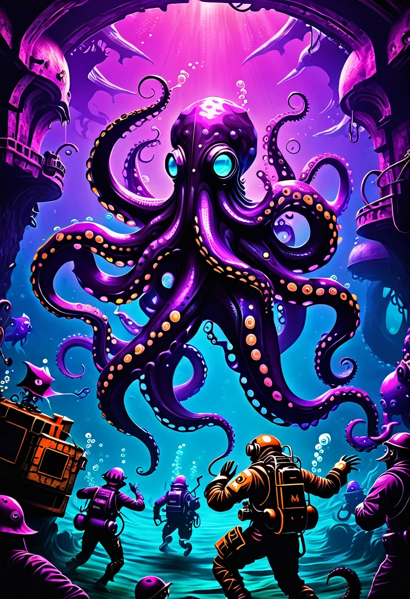 abyssal creatures dancing under the sea, PSYCHEDELIC, love craft, ruins,dj wearing diving suit, undersea, scary fish, rave party, Giant Octopus, crowd ,pirates, giant speaker, cerulean,Violette,Pink,Unripe, orange