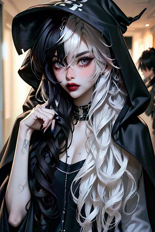 (masterpiece, best quality:1.2), ((detailed)), [graveyar:girl:0.9], 1girl, solo, beautiful, gothic, witch, gloomy, Asian woman, mature, black clothing, hooded black robe, modest clothing, hood up, goddess of death, blank expression, stoic expression, serious expression, split dye hair, multicolored hair, black and white hair, black dye on right side, white hair on left side, messy hair, bangs, black eyebrows, thick eyebrows, long eyelashes, grey eyes, dark circles under eyes, plump lips, red lipstick, red lips, no skin showing, skinny, pale skin, thin, sickly looking, looking at viewer, holding scythe, in graveyard, Wylona Hayashi, all black clothing, black hood, full body shot, cemetery background, standing, standing in a cemetery, holding scythe, windy, wind blowing, black long sleeves